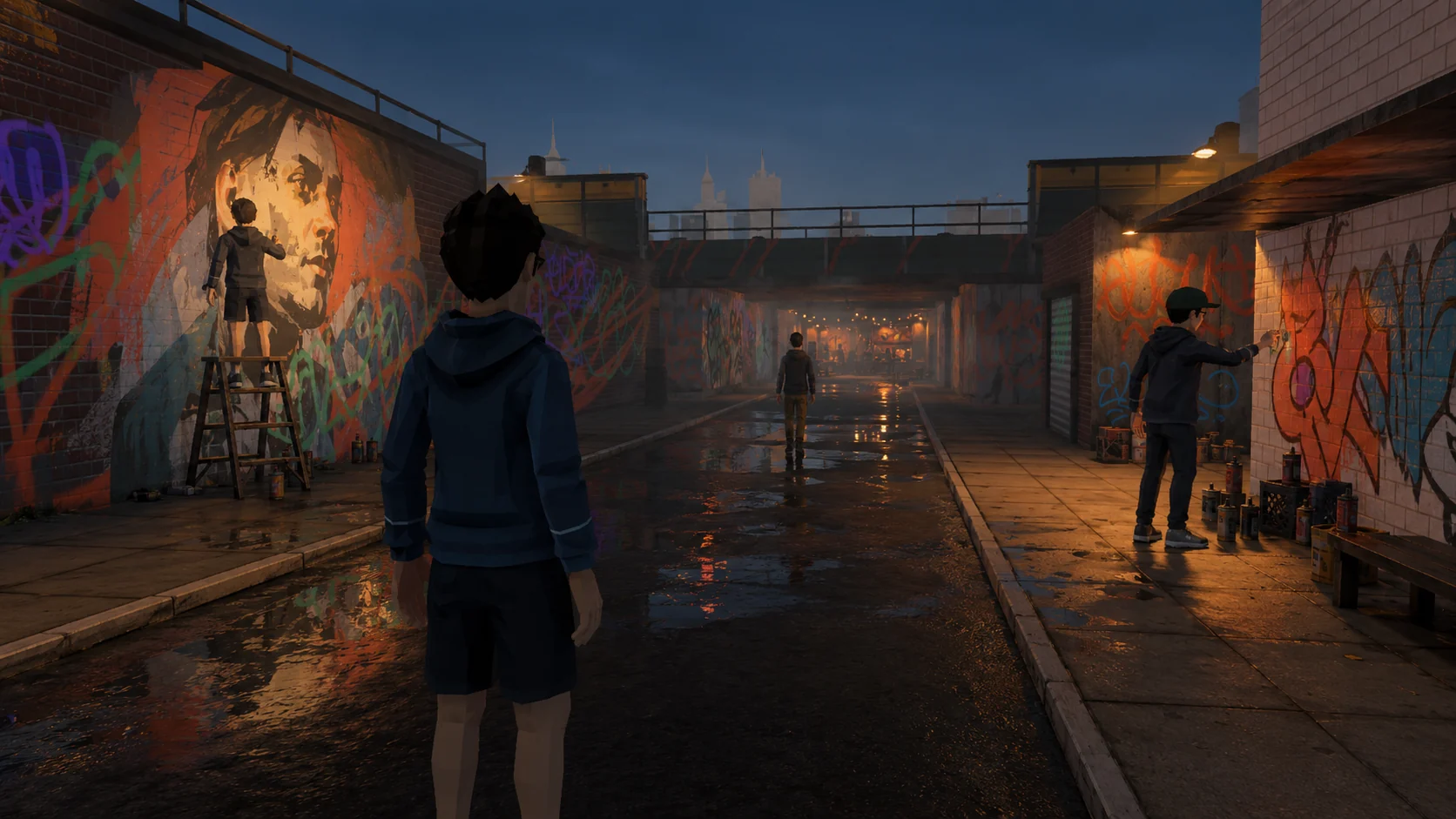An artist entering a shared virtual painting world with other artists creating on surrounding walls