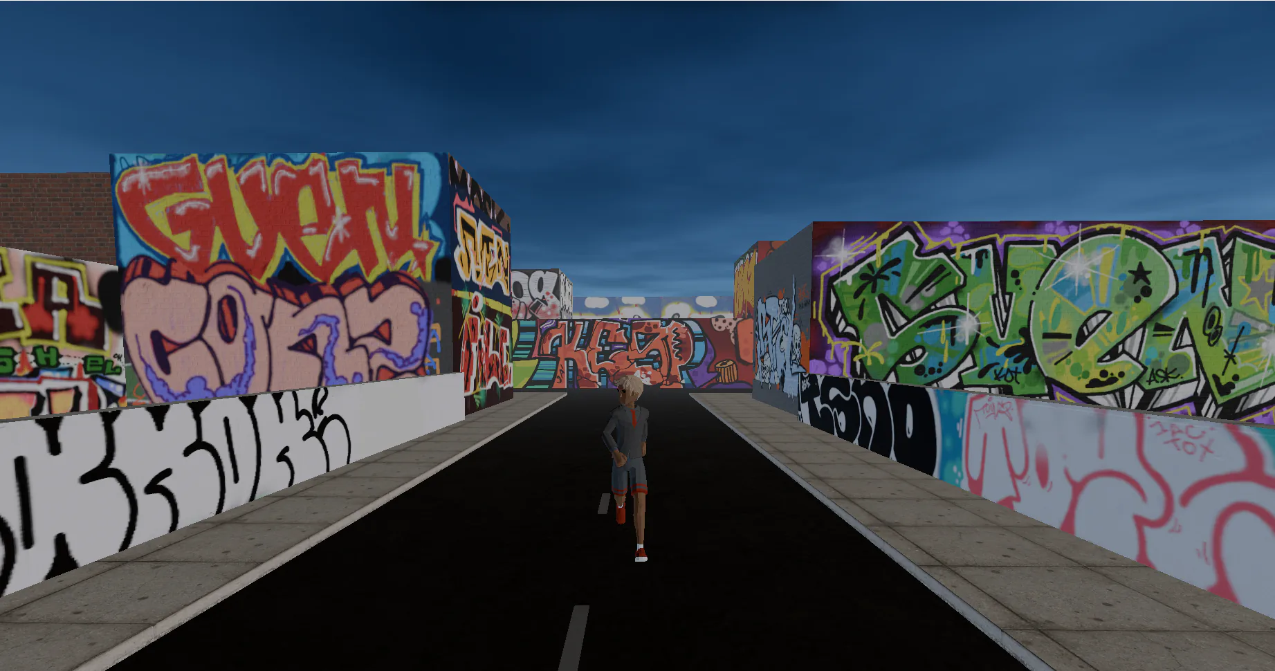 A player standing on the newly expanded southern street of the Art District